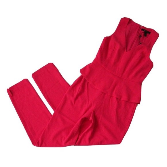 NWT BCBG MaxAzria Cerys in Lipstick Red Crepe Slim Leg Peplum Jumpsuit 2 x 30 ½ - Picture 1 of 5